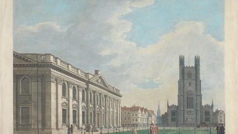 The South Front of the Senate House, and West End of St Mary's Church in the University of Cambridge, 1799, Etching and aquatint with hand coloring on moderately thick, moderately textured, cream wove paper