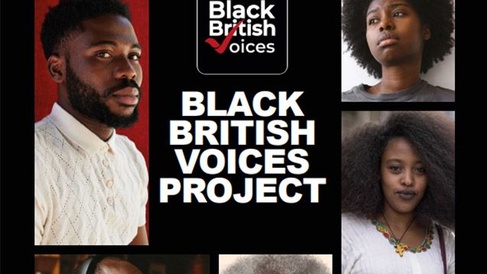 Cover of the Black British Voices Project report, featuring the title set against a bold red background with graphic elements arranged vertically
