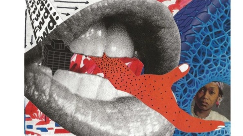 A collage-style artwork featuring a large black‑and‑white photograph of an open mouth, with a bright red illustrated hand shape extending from between the lips. Surrounding the central image are layered graphic elements, including bold black text fragments, abstract blue patterns, and red and white shapes, creating a dynamic and visually striking composition.