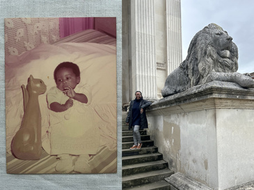 A vintage photograph of a baby sitting on a bed beside a tall cat-shaped ornament appears on the left. On the right, an adult stands on stone steps next to a large sculpted lion outside a grand classical building.