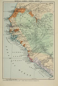 A detailed 1878 map of West Africa showing regions including Senegal, Gambia, and Sierra Leone, with colonial-era borders, coastal outlines, and labelled settlements.