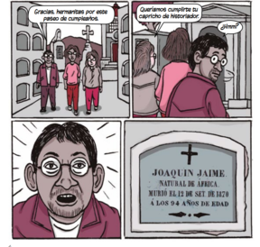 Illustrated comic panel showing three people walking through a cemetery toward a tomb, followed by a close‑up of a gravestone reading “Joaquín Jayme, natural de África, murió el 12 de set. de 1870,” from a Peruvian historical graphic narrative.