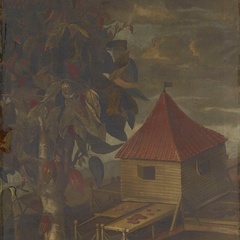 Vere Lynch, A Cocoa Tree and Roasting Hut, 1672, oil on canvas, 277.0 x 103.5 cm (it originally measured 203.5 x 103.5cm), The Royal Collection Trust (RCIN 406104). © Royal Collection Enterprises Limited 2025.