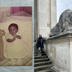 A vintage photograph of a baby sitting on a bed beside a tall cat-shaped ornament appears on the left. On the right, an adult stands on stone steps next to a large sculpted lion outside a grand classical building.