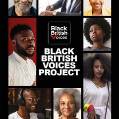 Cover of the Black British Voices Project report, featuring the title set against a bold red background with graphic elements arranged vertically