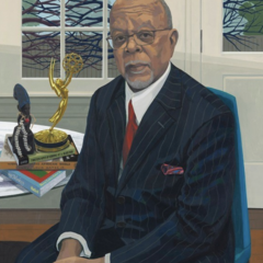 Portrait of Henry Louis Gates Jr. by Kerry James Marshall showing him seated at a desk with books and an Emmy award