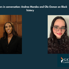 A promotional graphic titled "Scholars in conversation,” featuring bold typography on a clean background, and including photos of Scholars Ola Osman and Andrea Loucil.