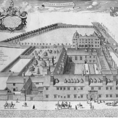 Detailed black-and-white 1690 engraving of Magdalene College in Cambridge, showing the college buildings arranged around courtyards beside the River Cam, with small boats on the water and trees lining the riverbank.