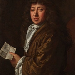 A painted portrait of Samuel Pepys with long, wavy hair wearing a brown robe and a white neck cloth. The person is shown from the waist up, standing against a dark background, holding a small sheet of paper in one hand. The brushwork highlights the folds of the clothing and the texture of the hair.