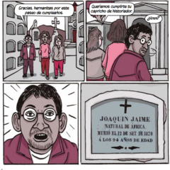 Illustrated comic panel showing three people walking through a cemetery toward a tomb, followed by a close‑up of a gravestone reading “Joaquín Jayme, natural de África, murió el 12 de set. de 1870,” from a Peruvian historical graphic narrative.