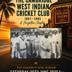 Poster for a Windrush-themed film screening titled “The Cambridge West Indian Cricket Club 1967–1985: A Forgotten Chapter.” The design shows a sunset coastal scene with palm trees alongside a historic pub building with a “Midland Tavern” sign.
