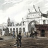 Historic illustration of a bustling marketplace in Buenos Aires around 1820, showing people trading goods, horse-drawn carts, and a prominent white colonial building with arches and a flag flying above.