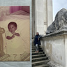 A vintage photograph of a baby sitting on a bed beside a tall cat-shaped ornament appears on the left. On the right, an adult stands on stone steps next to a large sculpted lion outside a grand classical building.