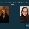 A promotional graphic titled "Scholars in conversation,” featuring bold typography on a clean background, and including photos of Scholars Ola Osman and Andrea Loucil.