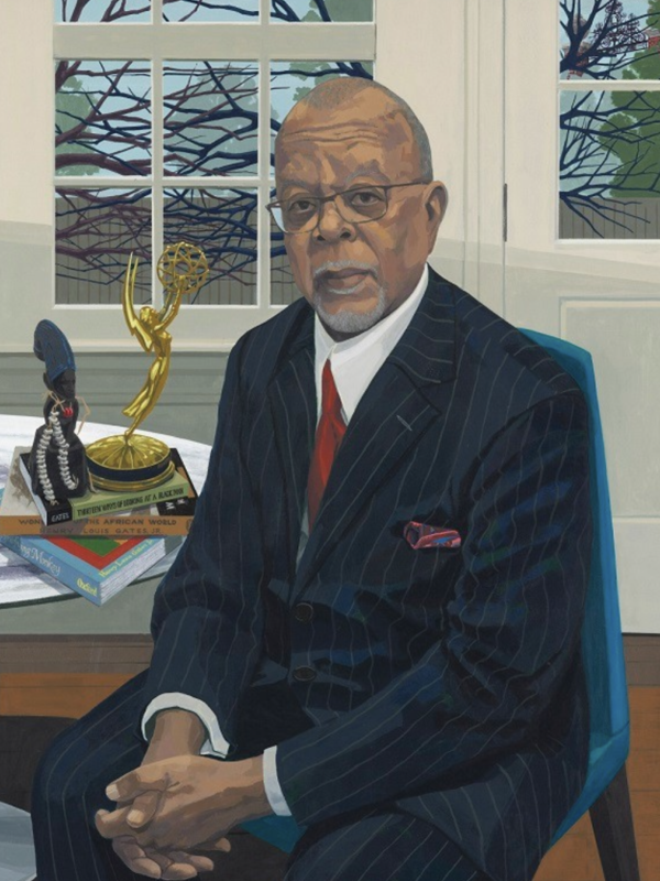 Portrait of Henry Louis Gates Jr. by Kerry James Marshall showing him seated at a desk with books and an Emmy award