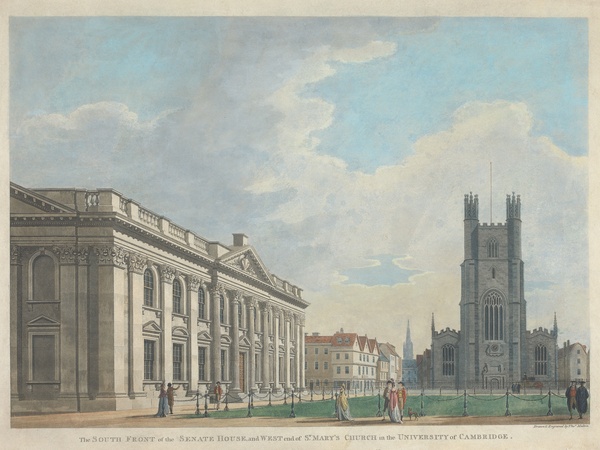 The South Front of the Senate House, and West End of St Mary's Church in the University of Cambridge, 1799, Etching and aquatint with hand coloring on moderately thick, moderately textured, cream wove paper