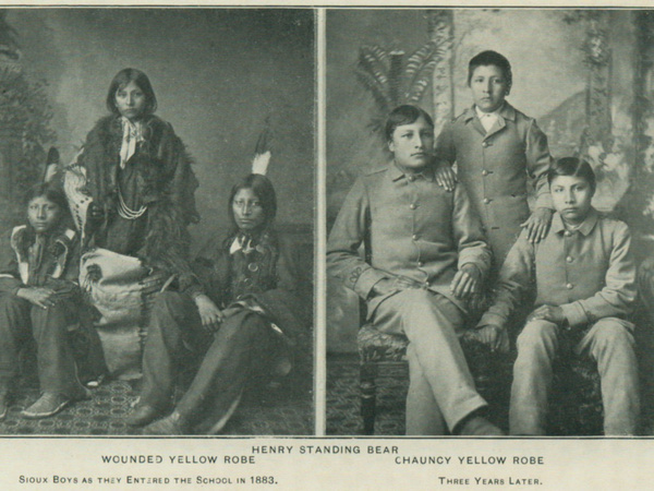 Before-and-after photographs of three Sioux students at Carlisle Indian School, showing traditional dress and later school uniforms