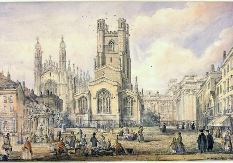 Cambridge Market Place, with Great St Mary's, looking towards the senate House and King's College Chapel