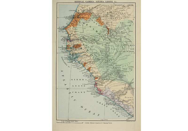 A vertically oriented, vintage-style map of West Africa showing the coastal regions from Senegal down to Sierra Leone and Liberia. 